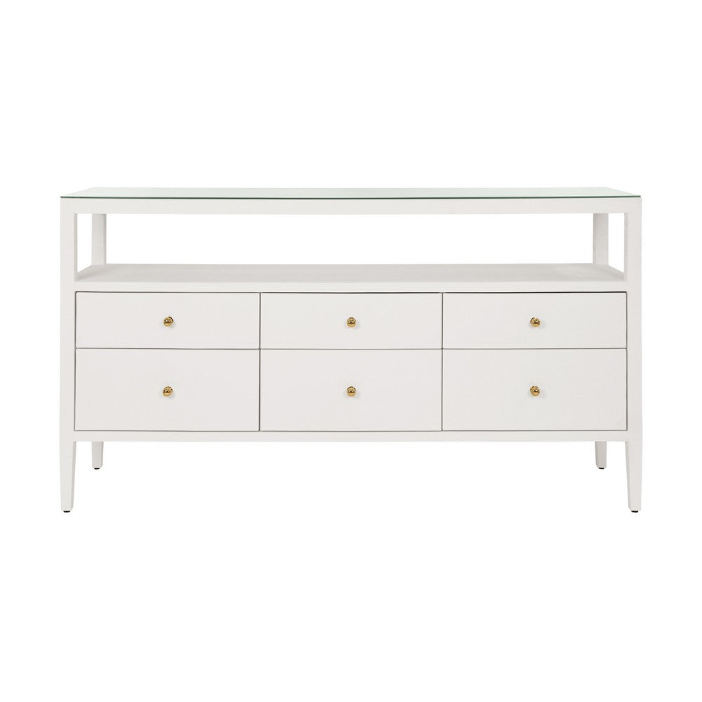 Worlds Away - Six Drawer Console With Open Shelf In Textured White Linen With Polished Brass Knobs - JORDAN WH view 2