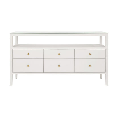 Worlds Away - Six Drawer Console With Open Shelf In Textured White Linen With Polished Brass Knobs - JORDAN WH view 2