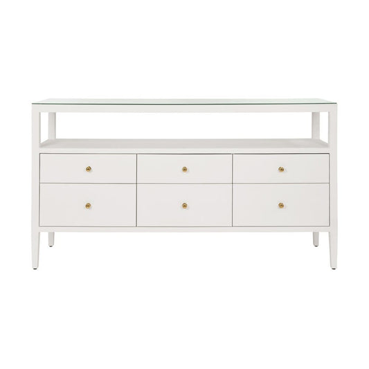 Worlds Away - Six Drawer Console With Open Shelf In Textured White Linen With Polished Brass Knobs - JORDAN WH view 2
