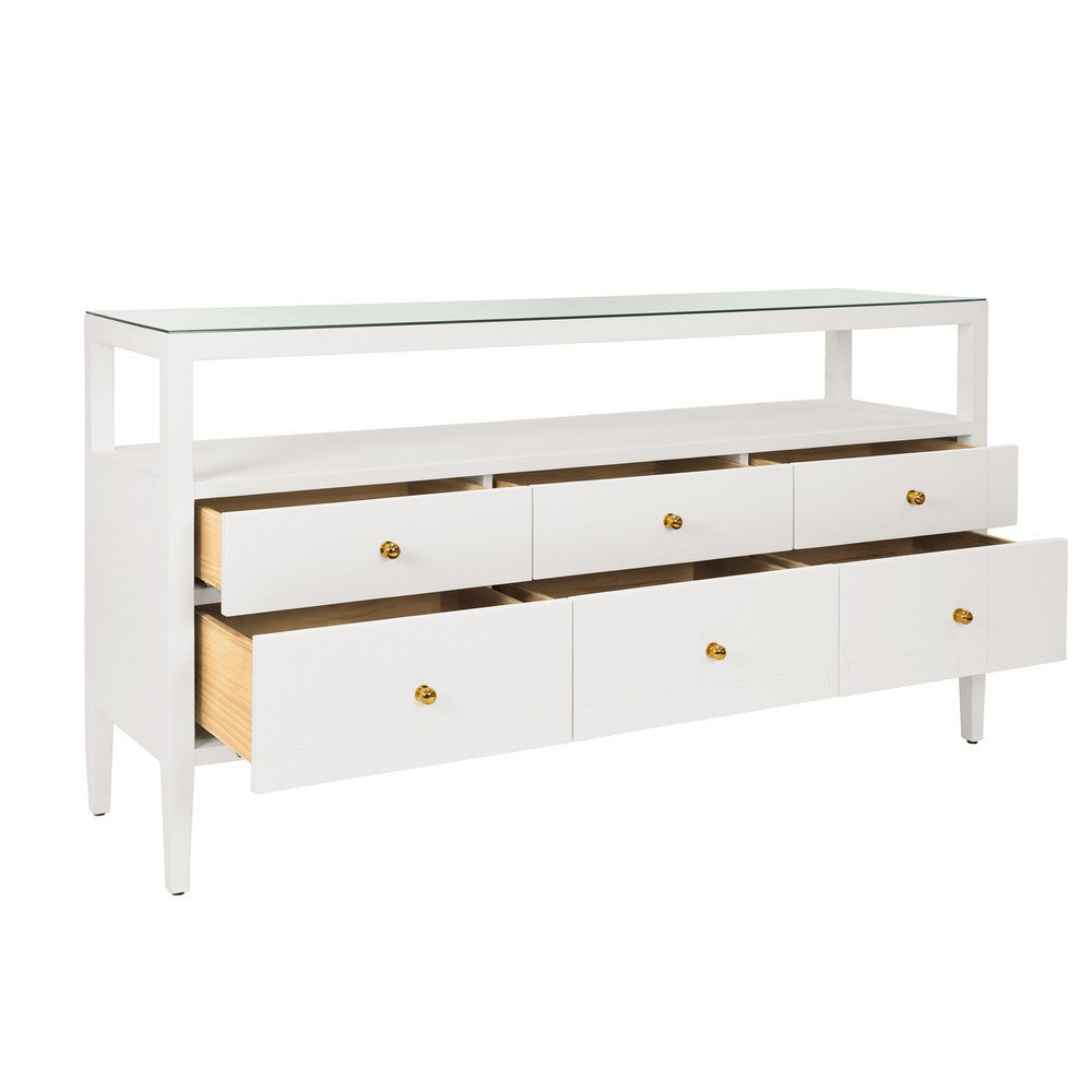 Worlds Away - Six Drawer Console With Open Shelf In Textured White Linen With Polished Brass Knobs - JORDAN WH view 3