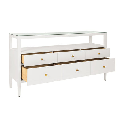 Worlds Away - Six Drawer Console With Open Shelf In Textured White Linen With Polished Brass Knobs - JORDAN WH view 3