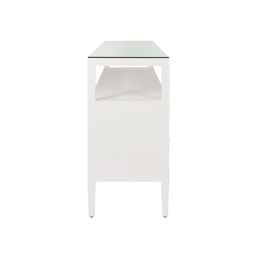 Worlds Away - Six Drawer Console With Open Shelf In Textured White Linen With Polished Brass Knobs - JORDAN WH view 4