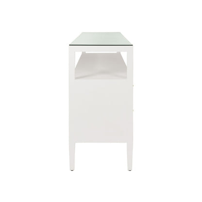 Worlds Away - Six Drawer Console With Open Shelf In Textured White Linen With Polished Brass Knobs - JORDAN WH view 4