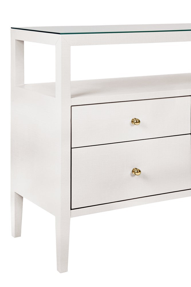 Worlds Away - Six Drawer Console With Open Shelf In Textured White Linen With Polished Brass Knobs - JORDAN WH view 5