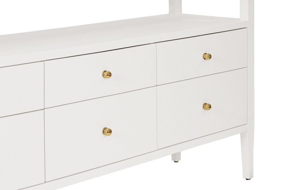 Worlds Away - Six Drawer Console With Open Shelf In Textured White Linen With Polished Brass Knobs - JORDAN WH view 6