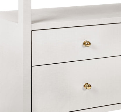 Worlds Away - Six Drawer Console With Open Shelf In Textured White Linen With Polished Brass Knobs - JORDAN WH view 7