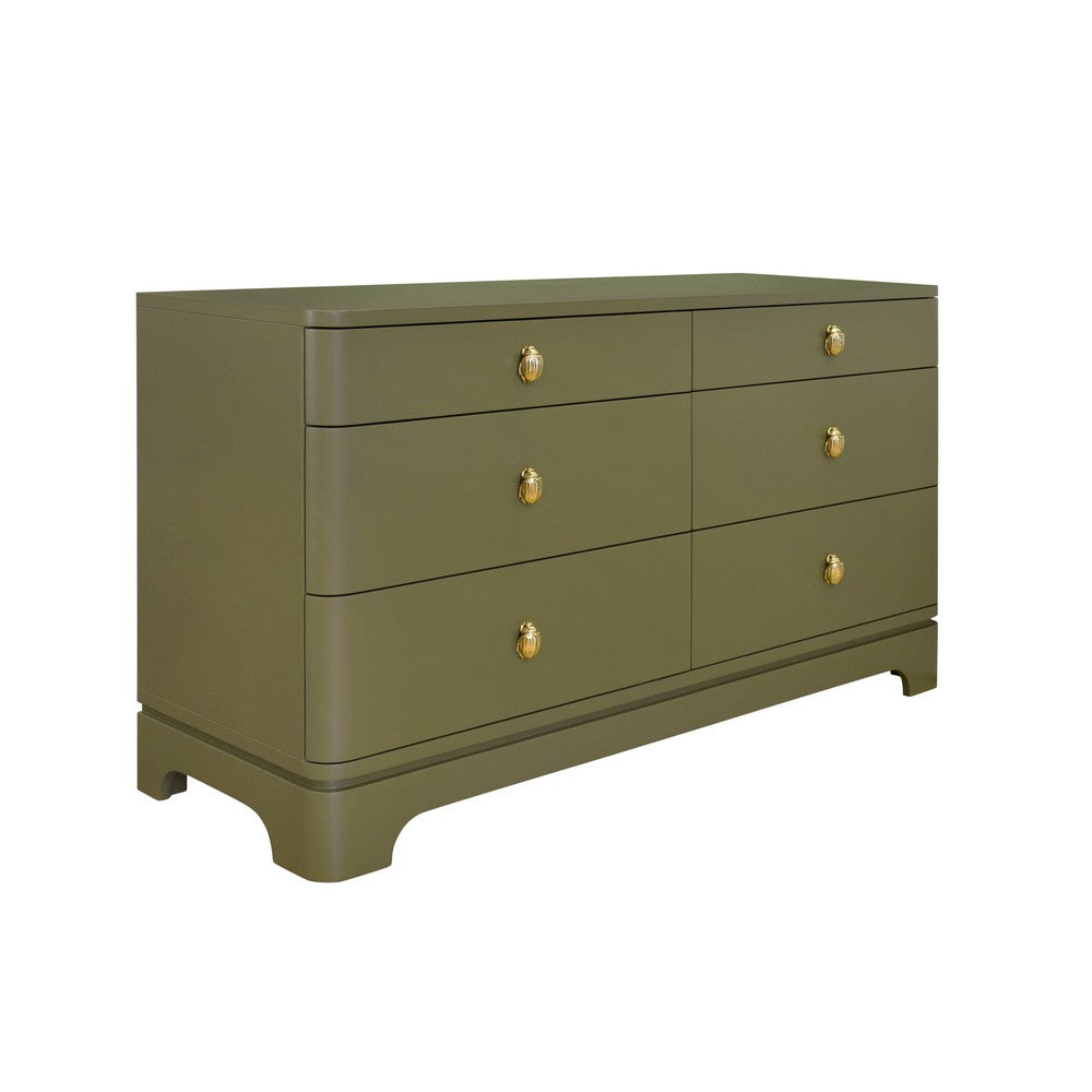 Worlds Away - Six Drawer Rounded Edge Chest With Brass Beetle Knob In Olive Green Matte Lacquer - KILMER OLV view 1