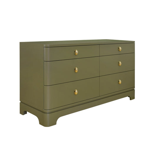 Worlds Away - Six Drawer Rounded Edge Chest With Brass Beetle Knob In Olive Green Matte Lacquer - KILMER OLV view 1