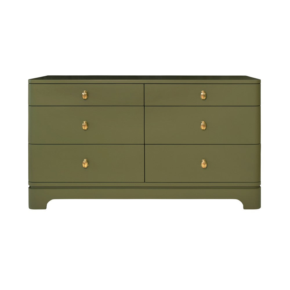 Worlds Away - Six Drawer Rounded Edge Chest With Brass Beetle Knob In Olive Green Matte Lacquer - KILMER OLV view 2