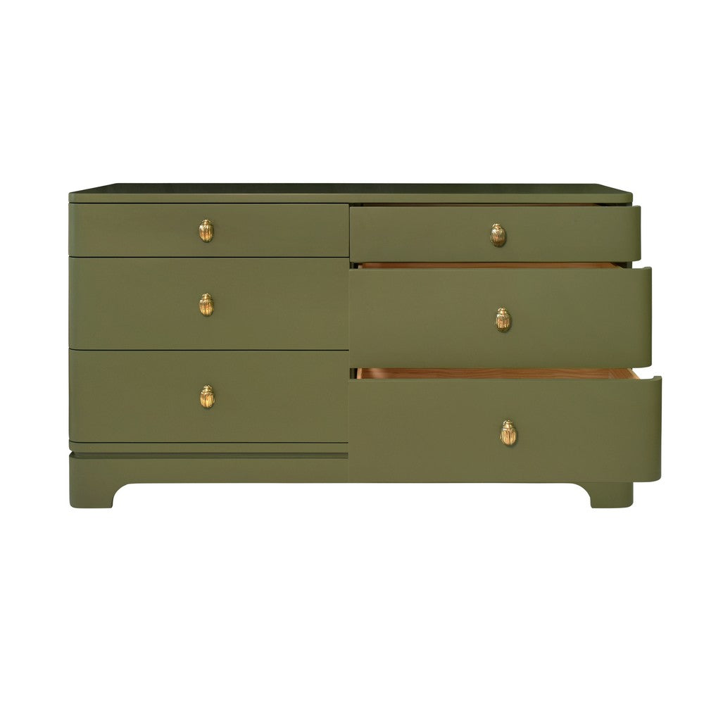 Worlds Away - Six Drawer Rounded Edge Chest With Brass Beetle Knob In Olive Green Matte Lacquer - KILMER OLV view 3