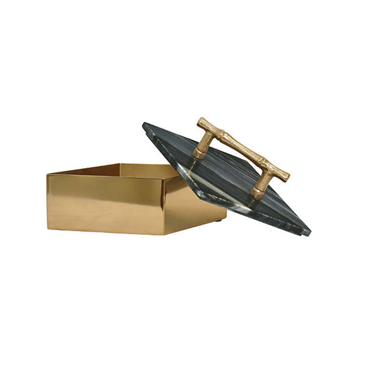 Worlds Away - Small Diamond Shaped Brass Box With Black Marble Top And Brass Bamboo Handle - RHOMA SM view 2