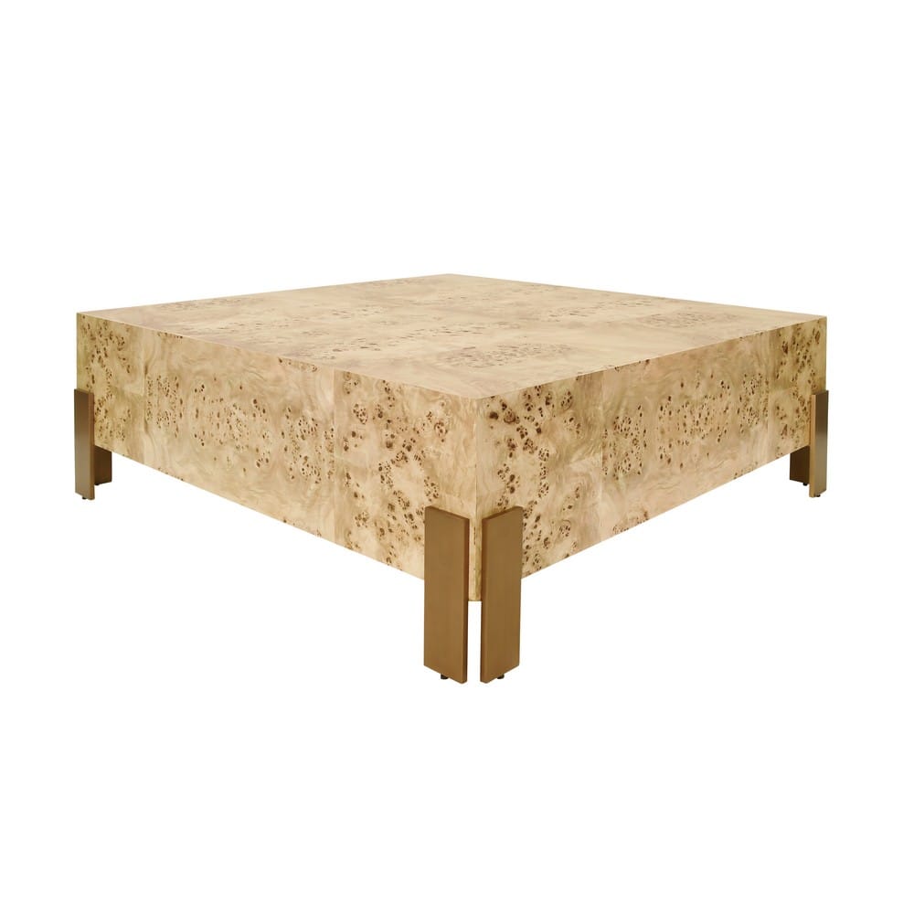 Worlds Away - Square Chunk Coffee Table With Antique Brass Leg Brackets In Burl Wood - ENID BW view 1