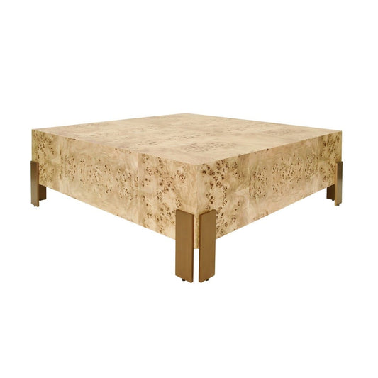 Worlds Away - Square Chunk Coffee Table With Antique Brass Leg Brackets In Burl Wood - ENID BW view 1