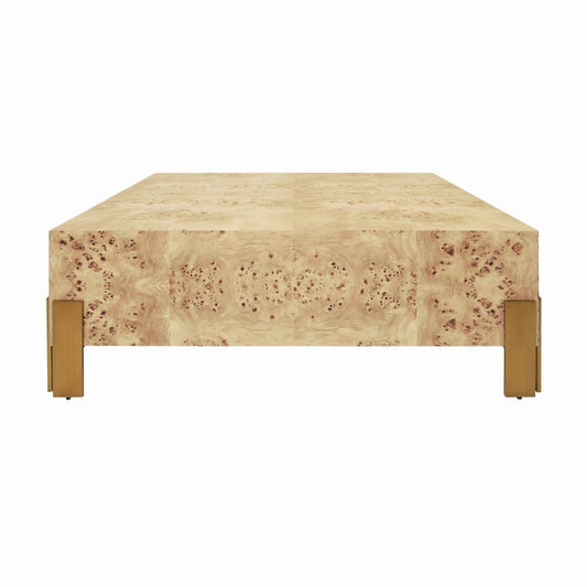 Worlds Away - Square Chunk Coffee Table With Antique Brass Leg Brackets In Burl Wood - ENID BW view 2
