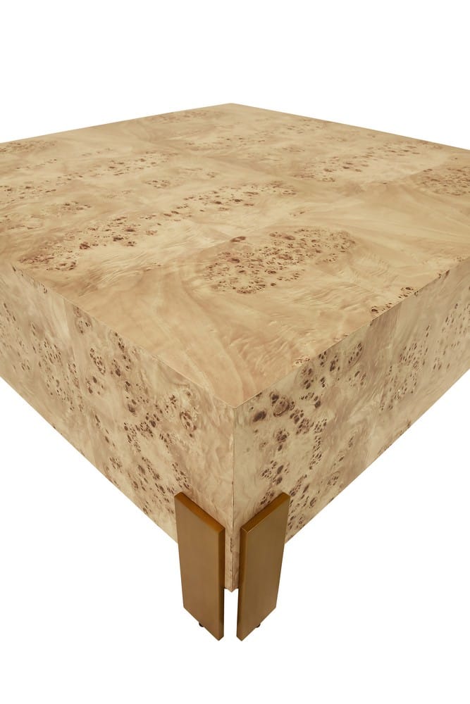 Worlds Away - Square Chunk Coffee Table With Antique Brass Leg Brackets In Burl Wood - ENID BW view 3
