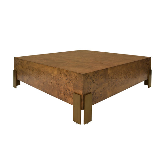 Worlds Away - Square Chunk Coffee Table With Antique Brass Leg Brackets In Dark Burl Wood - ENID DBW view 1