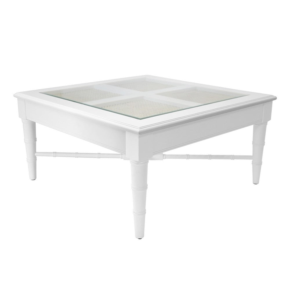 Worlds Away - Square Coffee Table With Inset Cane Top And Faux Bamboo Legs In Matte White Lacquer - NOREEN WH view 1
