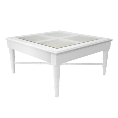 Worlds Away - Square Coffee Table With Inset Cane Top And Faux Bamboo Legs In Matte White Lacquer - NOREEN WH view 1