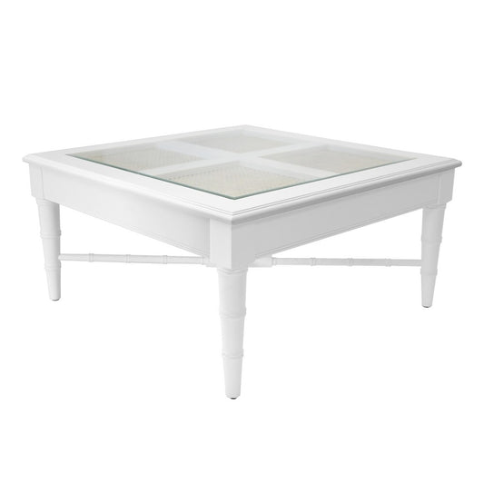 Worlds Away - Square Coffee Table With Inset Cane Top And Faux Bamboo Legs In Matte White Lacquer - NOREEN WH view 1