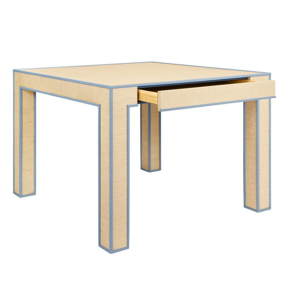 Worlds Away - Square Two Drawer Game Table With Matte Light Blue Lacquer Edging And Inset Natural Grasscloth - COLLINS LB view 3