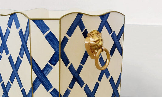 Worlds Away - Square Wastebasket Lion Handles In Blue Bamboo - WBLIONSQ BAMBL view 2