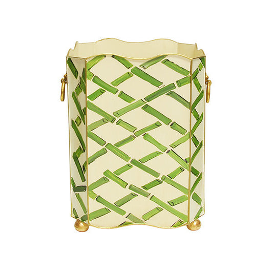 Worlds Away - Square Wastebasket With Lion Handles In Green Bamboo - WBLIONSQ BAMGR view 1