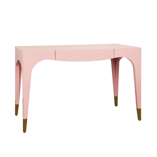 Worlds Away - Tapered Leg, One Drawer Desk With Antique Brass Foot Caps In Pink Lacquer - MANDI PI view 1