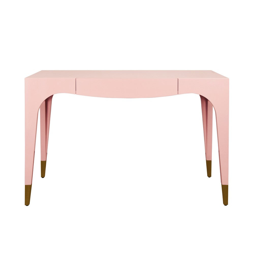 Worlds Away - Tapered Leg, One Drawer Desk With Antique Brass Foot Caps In Pink Lacquer - MANDI PI view 2