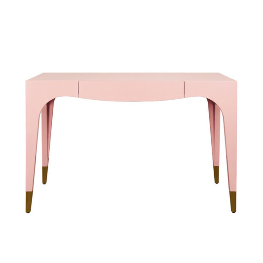Worlds Away - Tapered Leg, One Drawer Desk With Antique Brass Foot Caps In Pink Lacquer - MANDI PI view 2