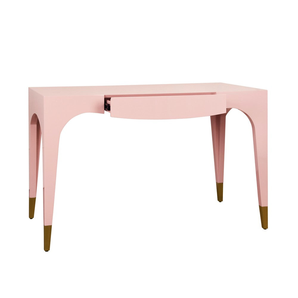 Worlds Away - Tapered Leg, One Drawer Desk With Antique Brass Foot Caps In Pink Lacquer - MANDI PI view 3