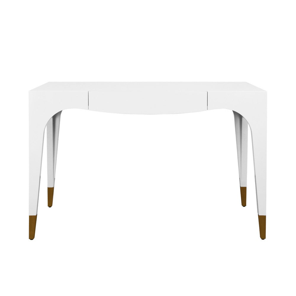 Worlds Away - Tapered Leg, One Drawer Desk With Antique Brass Foot Caps In White Lacquer - MANDI WH view 2