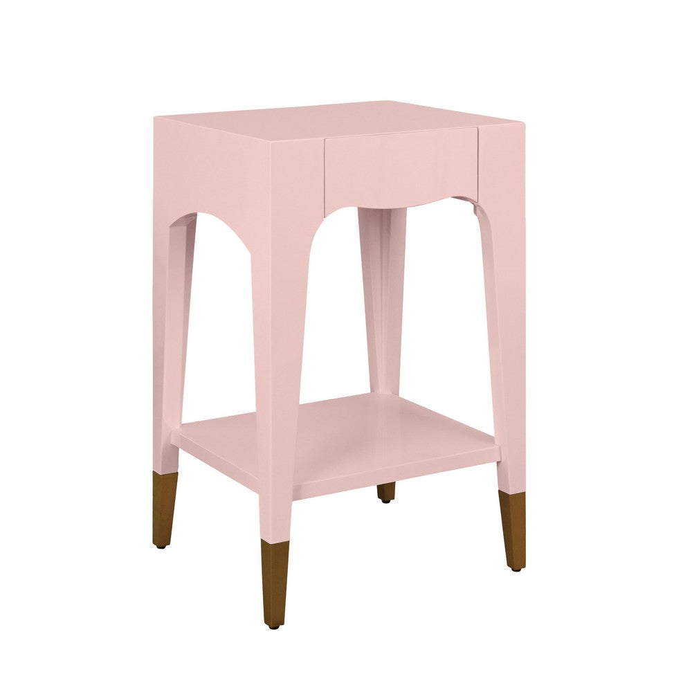 Worlds Away - Tapered Leg One Drawer Side Table With Antique Brass Foot Caps In Pink Lacquer - Peach Whip - PATTI PI view 1