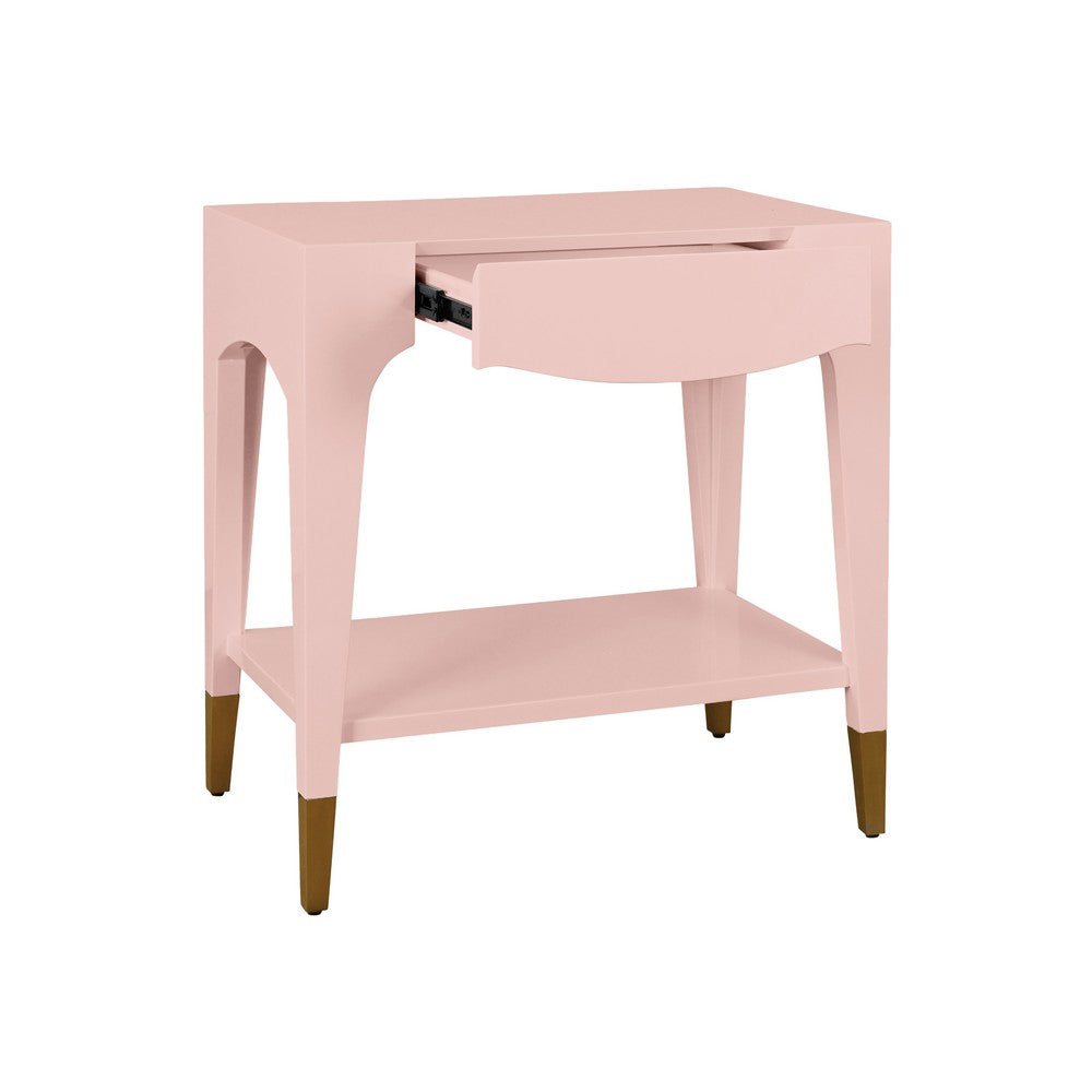 Worlds Away - Tapered Leg One Drawer Side Table With Antique Brass Foot Caps In Pink Lacquer - Peach White - RONNY PI view 3