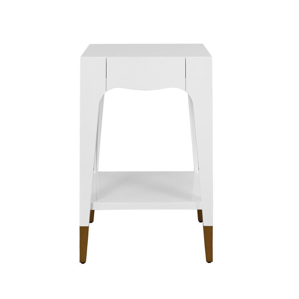 Worlds Away - Tapered Leg One Drawer Side Table With Antique Brass Foot Caps In White Lacquer - Snow White - PATTI WH view 2