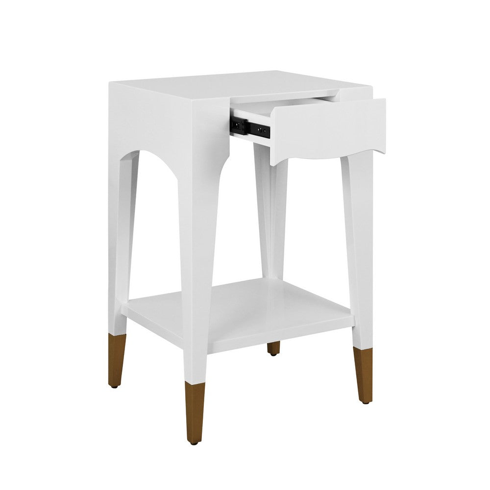Worlds Away - Tapered Leg One Drawer Side Table With Antique Brass Foot Caps In White Lacquer - Snow White - PATTI WH view 3