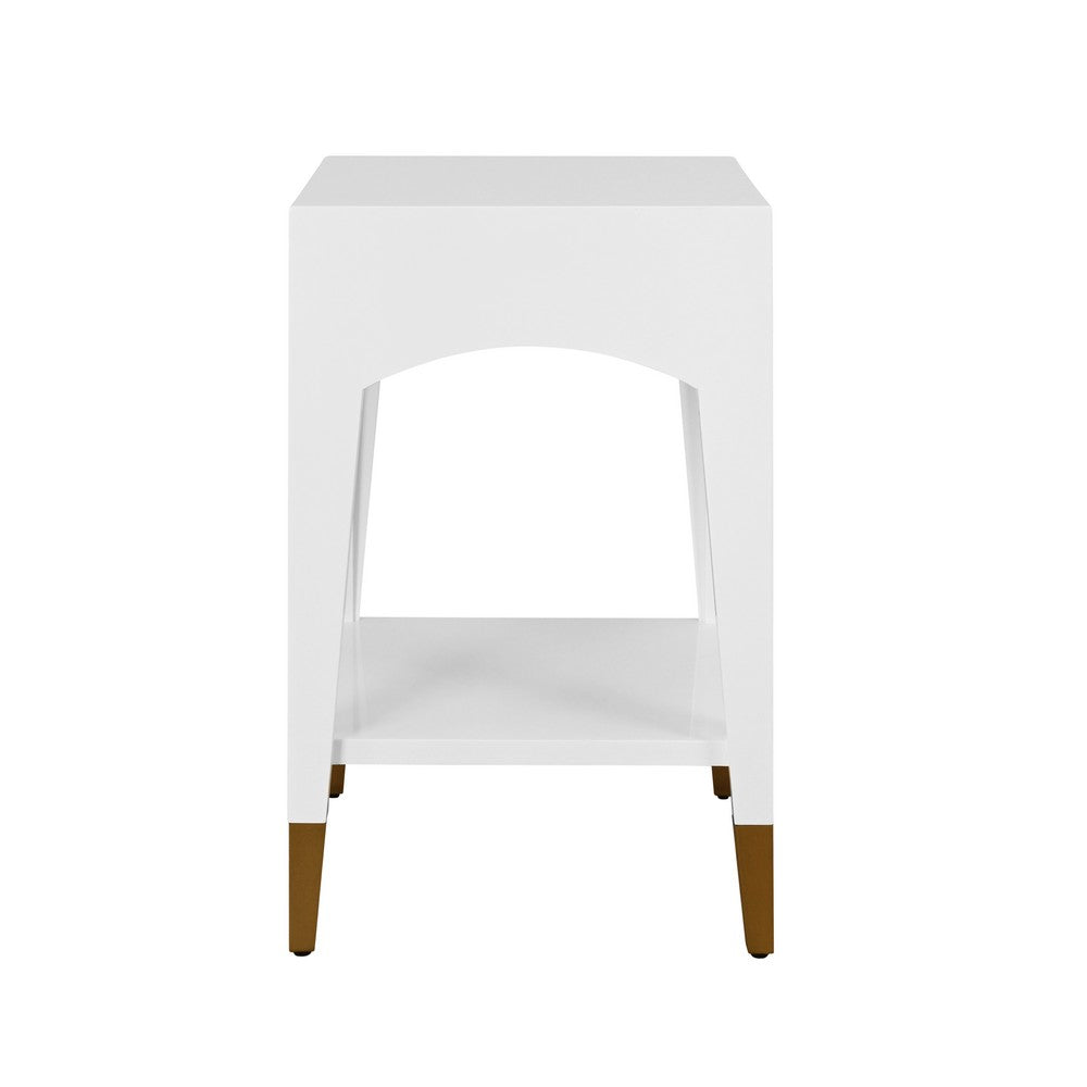 Worlds Away - Tapered Leg One Drawer Side Table With Antique Brass Foot Caps In White Lacquer - Snow White - PATTI WH view 4