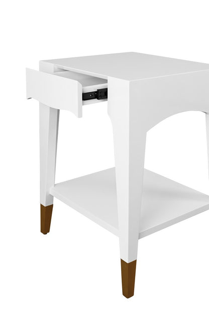 Worlds Away - Tapered Leg One Drawer Side Table With Antique Brass Foot Caps In White Lacquer - Snow White - PATTI WH view 5