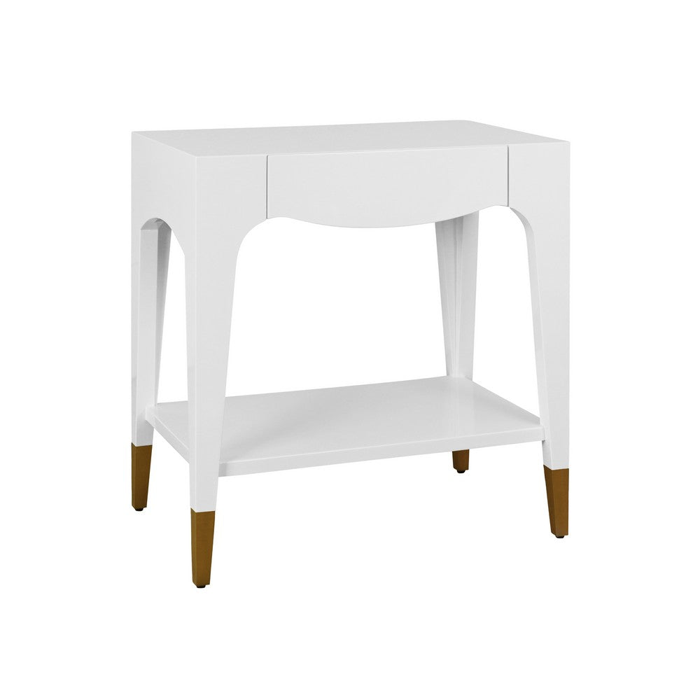 Worlds Away - Tapered Leg One Drawer Side Table With Antique Brass Foot Caps In White Lacquer - Snow White - RONNY WH view 1