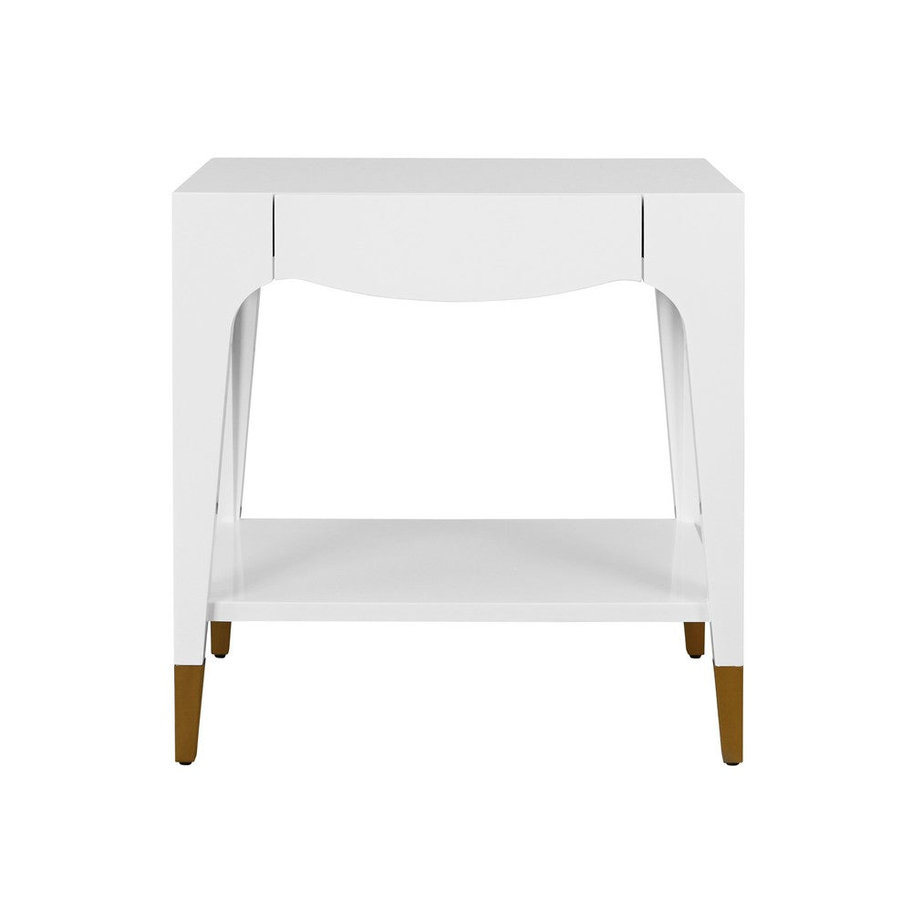 Worlds Away - Tapered Leg One Drawer Side Table With Antique Brass Foot Caps In White Lacquer - Snow White - RONNY WH view 2