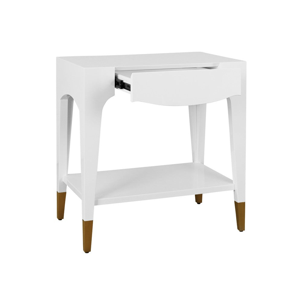 Worlds Away - Tapered Leg One Drawer Side Table With Antique Brass Foot Caps In White Lacquer - Snow White - RONNY WH view 3