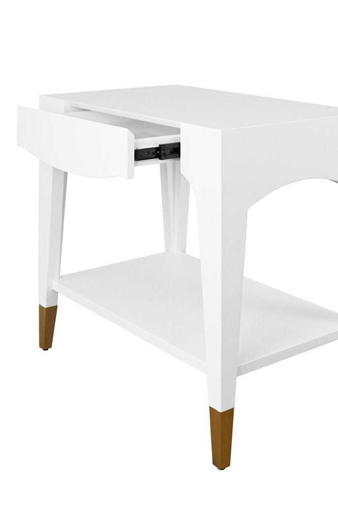 Worlds Away - Tapered Leg One Drawer Side Table With Antique Brass Foot Caps In White Lacquer - Snow White - RONNY WH view 5