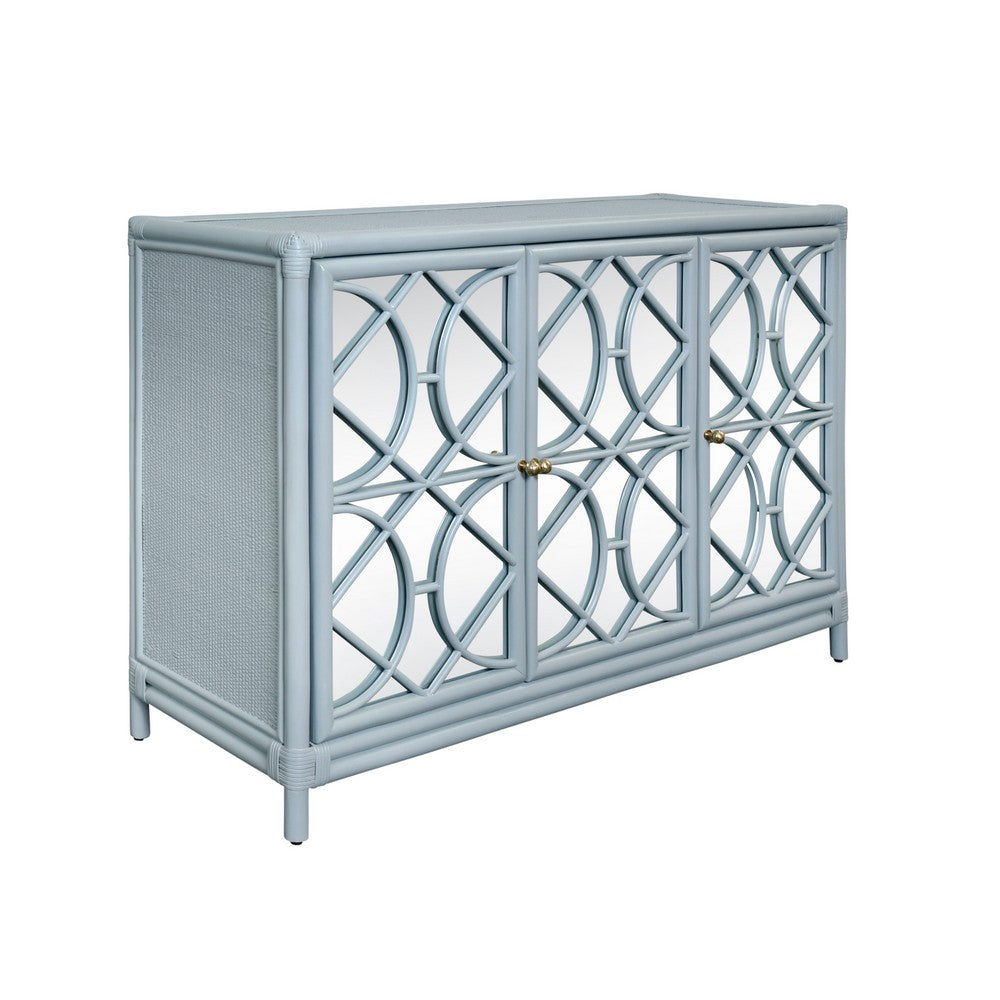 Worlds Away - Three Door Decorative Mirror Front Buffet In Rattan Painted Light Blue - ARIA LB view 1