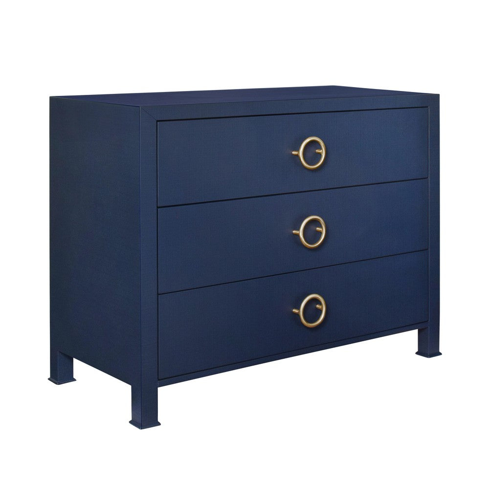 Worlds Away - Three Drawer Chest With Antique Brass Circle Hardware In Textured Navy Linen - GETTY NVY view 1