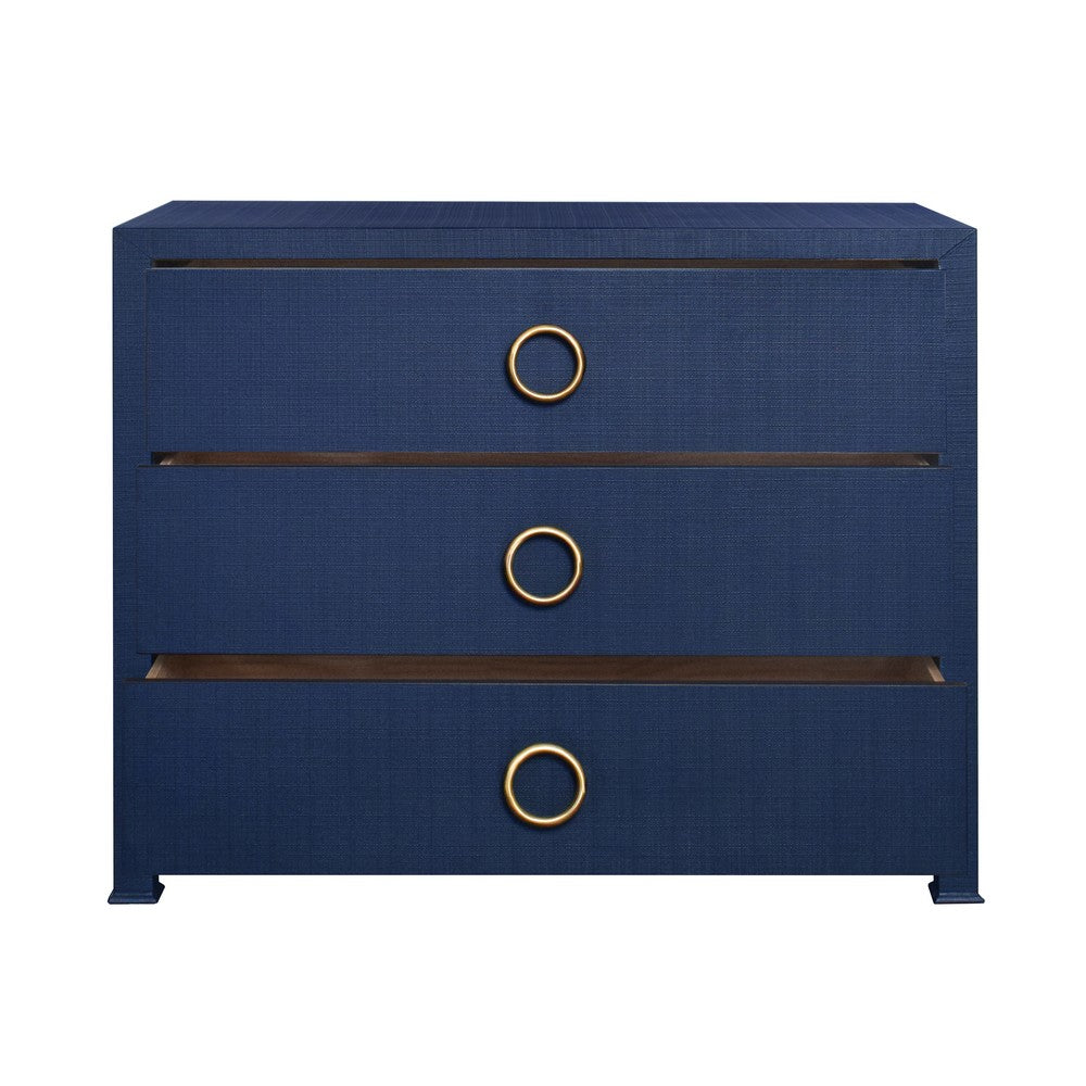 Worlds Away - Three Drawer Chest With Antique Brass Circle Hardware In Textured Navy Linen - GETTY NVY view 3