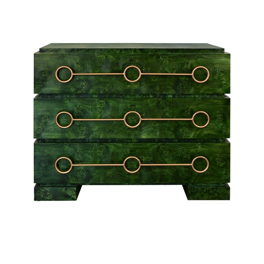 Worlds Away - Three Drawer Chest With Antique Brass Connected Circle Hardware In Emerald Burl Wood - RODERICK EBW view 2