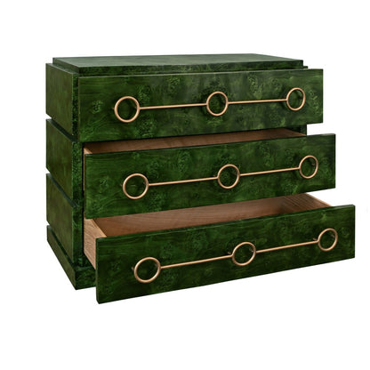 Worlds Away - Three Drawer Chest With Antique Brass Connected Circle Hardware In Emerald Burl Wood - RODERICK EBW view 3