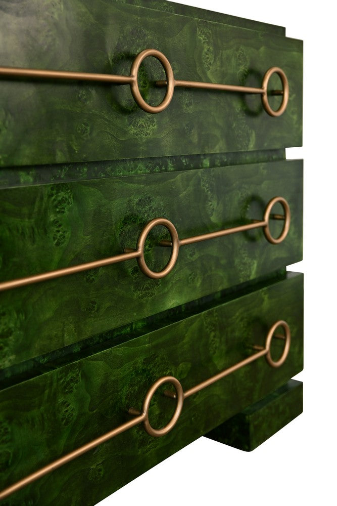 Worlds Away - Three Drawer Chest With Antique Brass Connected Circle Hardware In Emerald Burl Wood - RODERICK EBW view 5