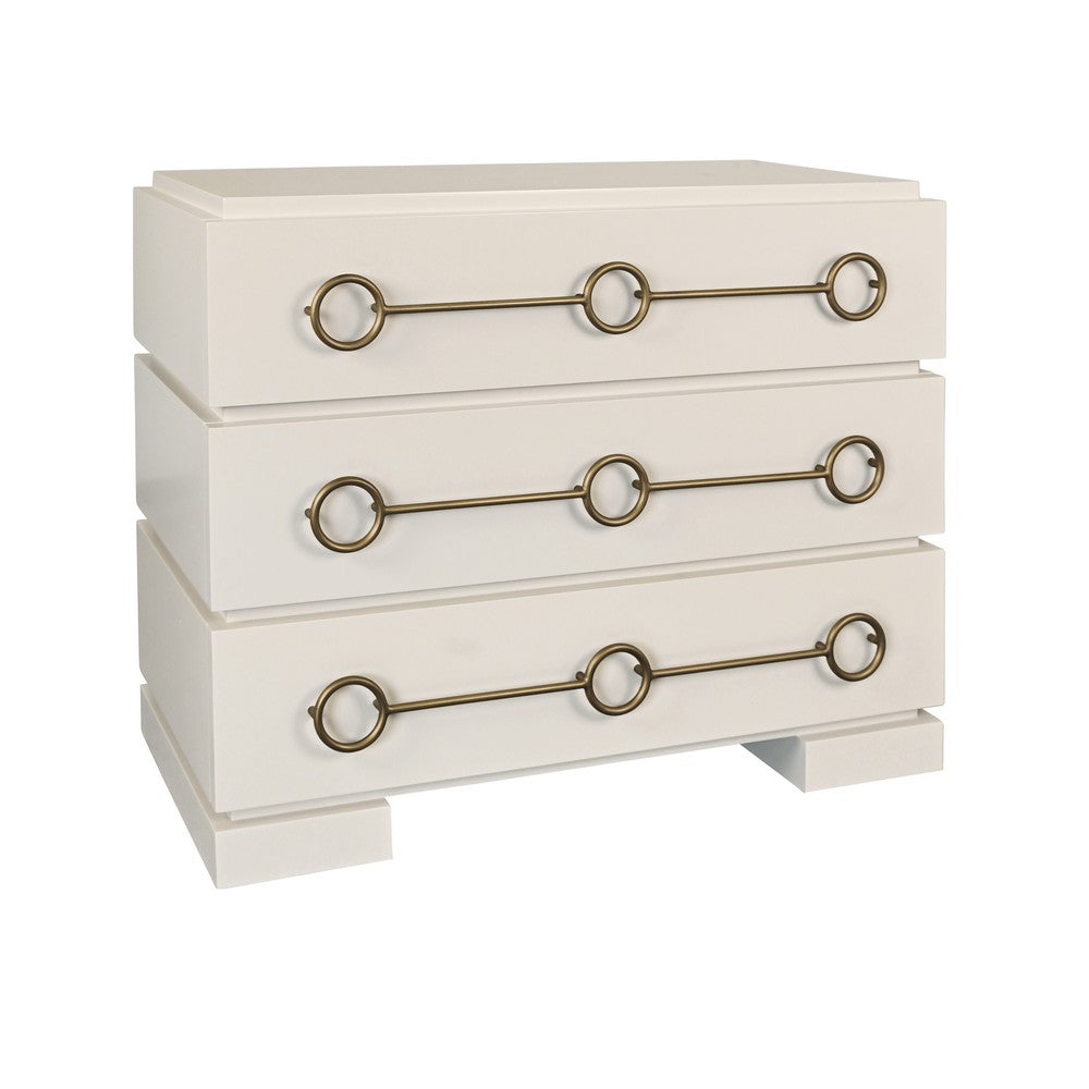 Worlds Away - Three Drawer Chest With Antique Brass Connected Circle Hardware In Matte Antique White Lacquer - RODERICK AW view 1