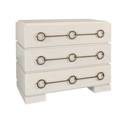 Worlds Away - Three Drawer Chest With Antique Brass Connected Circle Hardware In Matte Antique White Lacquer - RODERICK AW view 1