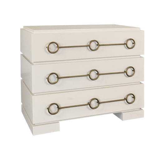 Worlds Away - Three Drawer Chest With Antique Brass Connected Circle Hardware In Matte Antique White Lacquer - RODERICK AW view 1